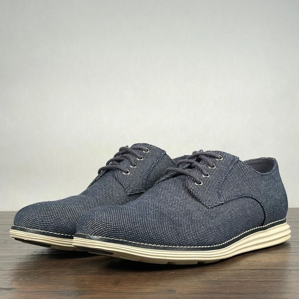 Cole Haan Original Grand Mens 10 Blue Canvas‎ Plain Toe Oxford Derby Shoes Work